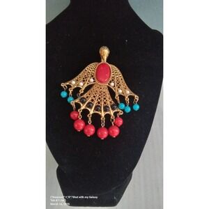 Statement Brooch Angel Wing Red Coral‎ Turquoise Beads Gold Tone Costume Jewelry
